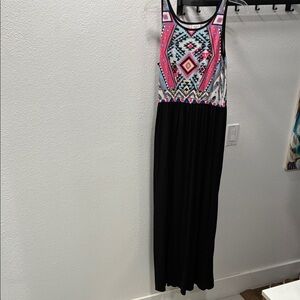 Sleeveless Black Maxi Dress with Pink Aztec-Print Bodice